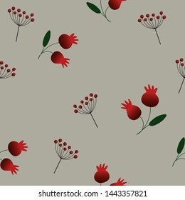 Autumn seamless pattern with rosehip and twigs on light grey background. Vector illustration for fabric, textile, wallpaper, posters, gift wrapping paper, pajamas. Print for children. Doodle style. 