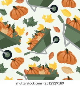 autumn seamless pattern with round orange pumpkins stacked in a wheelbarrow and various autumn leaves on a light background, vector