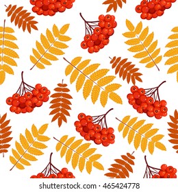 Autumn seamless pattern with rowan leaves and berries. Vector illustration on white background.