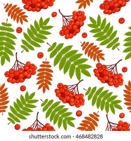 Autumn seamless pattern with rowan leaves and berries. Vector illustration on white background.