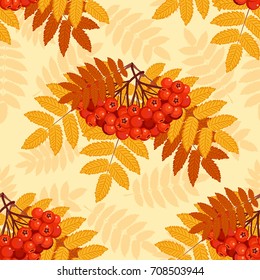 Autumn seamless pattern with rowan leaves and berries. Vector illustration.