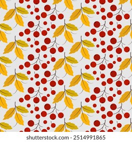 Autumn seamless pattern of rowan. Repeating floral ornament. Holiday garland of bright leaves and berries on light gray background. Decor for Thanksgiving Day. Fall seasonal design for your project.