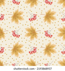 Autumn seamless pattern with rowanberries and leaves of maple. Vector illustration