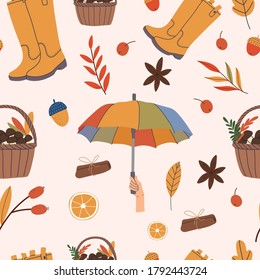 Autumn seamless pattern with rubber boots, mushrooms, umbrella, leaves and spices.Vector hand drawn illustration. Cartoon style. Flat design.