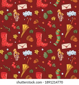 Autumn seamless pattern. Rubber boots, cloud, leaves, rain, rosehip, envelope, acorn, mushrooms, scarf. Autumn seamless pattern. Great for wallpaper, gift paper, fabric, wrapping paper,surface design.