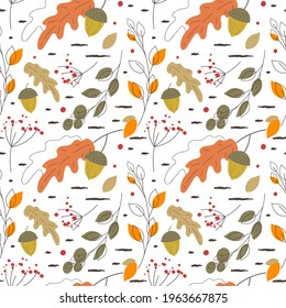 Autumn seamless pattern, scandinavian flat cartoon hand drawn style design. Grey outline contour stroke, white background. Oak leaves, acorn, berry, harvest project. Cute Fall season backdrop. Vector