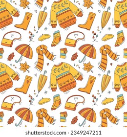 Autumn seamless pattern with scarf, sweater, handbag, umbrella, socks, coffee, beret, boots, oak and maple leaves. Autumn walking. Fall season background