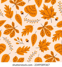 Autumn seamless pattern with season leaves, acorns and berries on a beige background. Modern seasonal pattern. Vector trendy design