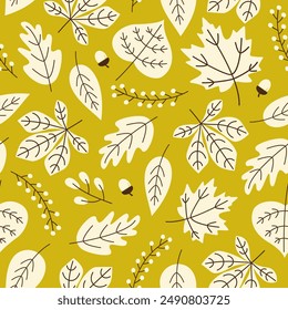 Autumn seamless pattern with season leaves, acorns and berries on a green background. Modern seasonal pattern. Vector trendy design