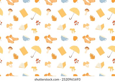 Autumn seamless pattern with seasonal cozy elements: books, umbrella, socks, leaves, berries, mushrooms and other. Fall mood. Print for textile or wrapping paper. Vector design.