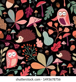 Autumn seamless pattern with seasonal design, cute different elements