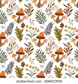 Autumn seamless pattern with seasonal elements, mushrooms and botanicals on white background