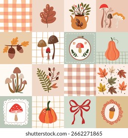 Patrón sin fisuras de otoño con Elementos de temporada, calabazas, setas y plantas, Fondo de pantalla vintage, fondo coqueta