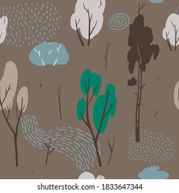 Autumn seamless pattern with seasonal forest trees, bushes in the blue, brown, orange colours