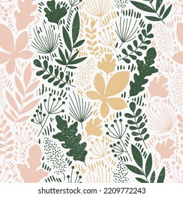 Autumn seamless pattern with seasonal plants and leaves. Vector illustration.