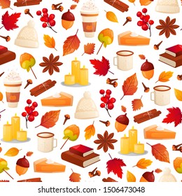 Autumn seamless pattern. Seasonal treats and decorative objects on white backdrop. Cozy fall pack. Vector background. 