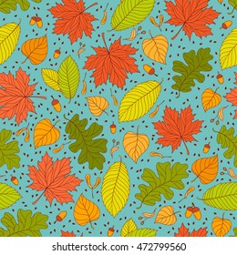 Autumn seamless pattern with seeds and leaves