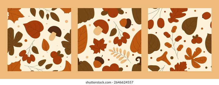 Autumn seamless pattern set with berries, mushrooms, acorns, colorful leaves. Perfect for fall print, fabric, textile, material and more. Vector illustration