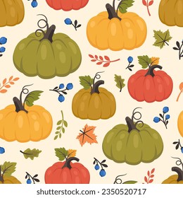 Autumn seamless pattern. Set of fall background with whole pumpkin and half, leaves, berries. Thanksgiving day. Seasonal harvest. Vector illustration for wallpapers, textile, notebooks, wrapping paper