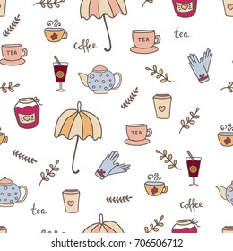 Autumn seamless pattern with set of hot drinks and beverages, leaves, herbs, gloves and umbrella
