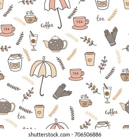 Autumn seamless pattern with set of hot drinks and beverages, leaves, herbs, gloves and umbrella