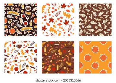 Autumn seamless pattern set with leaves, pumpkin, acorns, ribbons in trending style for halloween. Vector stock illustration