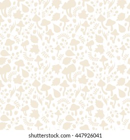 Autumn seamless pattern with silhouettes of mushrooms, tree leafs, berries, blades of grass, foliage, dew or rain drops. Monochrome beige and white. Vector detailed background with small elements.