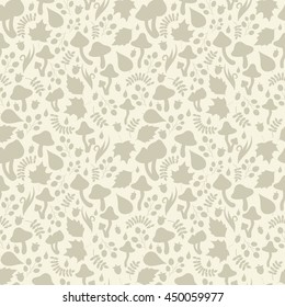 Autumn seamless pattern with silhouettes of mushrooms, tree leafs, berries, blades of grass, foliage, dew or rain drops. Monochrome green and beige. Vector detailed background with small elements.