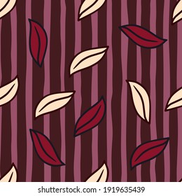 Autumn seamless pattern with simple leaf shapes print. Maroon striped background. Hand drawn style. Designed for fabric design, textile print, wrapping, cover. Vector illustration.