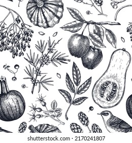 Autumn seamless pattern in sketched style. Botanical drawings of autumn leaves, pumpkins, berries, bird. Vintage fall plants hand drawn background. Thanksgiving day blue sketches backdrop
