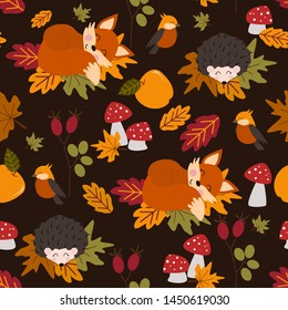 autumn seamless pattern with sleeping fox and hedgehog - vector illustration, eps