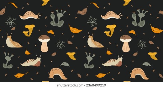 Autumn seamless pattern of slugs, mushrooms, lichens. Vector illustration.