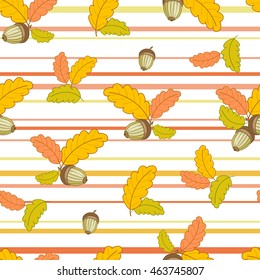 autumn seamless pattern with small colorful oak leaves and acorns on a white background with horizontal stripes.Vector illustration.Design for web pages,cloth,textile,wrapping paper,scrapbooking,