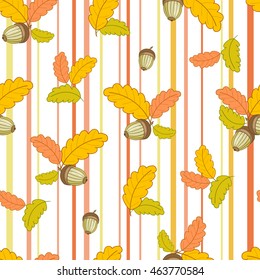 autumn seamless pattern with small colorful oak leaves and acorns on a white background with vertical stripes.Vector illustration.Design for web pages,cloth,textile,wrapping paper,scrapbooking,
