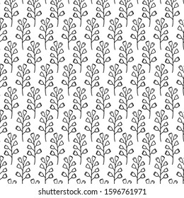 Autumn seamless pattern with sprigs. Black and white vector illustration for fabric, textile, wallpaper, posters, paper. Print for children. Branch with leaves. Doodle style. 