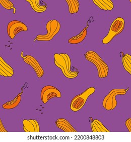 Autumn seamless pattern, square background, seasonal fall holidays, hand drawn pumpkins