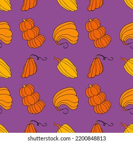 Autumn seamless pattern, square background, seasonal fall holidays, hand drawn pumpkins