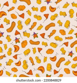 Autumn seamless pattern, square background, seasonal fall holidays, hand drawn pumpkins