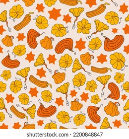 Autumn seamless pattern, square background, seasonal fall holidays, hand drawn pumpkins