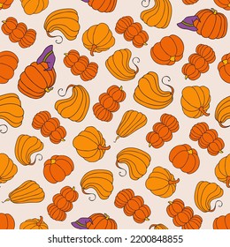 Autumn seamless pattern, square background, seasonal fall holidays, hand drawn pumpkins