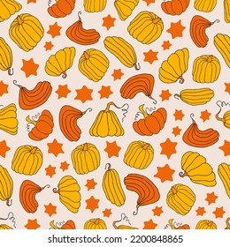 Autumn seamless pattern, square background, seasonal fall holidays, hand drawn pumpkins