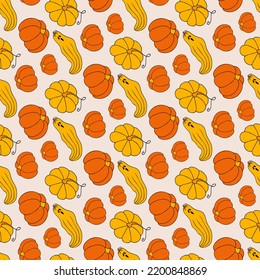 Autumn seamless pattern, square background, seasonal fall holidays, hand drawn pumpkins