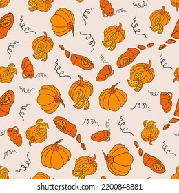 Autumn seamless pattern, square background, seasonal fall holidays, hand drawn pumpkins