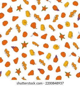 Autumn seamless pattern, square background, seasonal fall holidays, hand drawn pumpkins