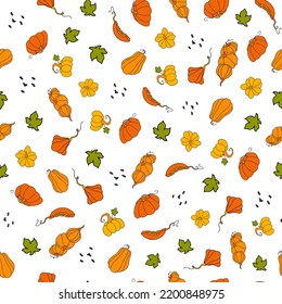 Autumn seamless pattern, square background, seasonal fall holidays, hand drawn pumpkins