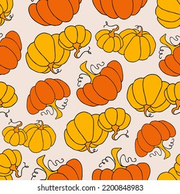 Autumn seamless pattern, square background, seasonal fall holidays, hand drawn pumpkins