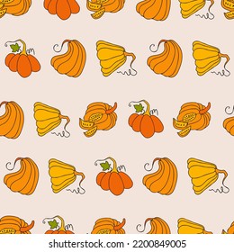 Autumn seamless pattern, square background, seasonal fall holidays, hand drawn pumpkins