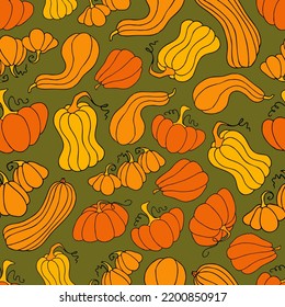 Autumn seamless pattern, square background, seasonal fall holidays, hand drawn pumpkins