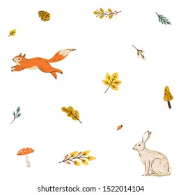 Autumn seamless pattern. Squirrel and bunny in leaves illustration.