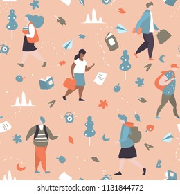 Autumn seamless pattern with students go to school, school design elements in moden style